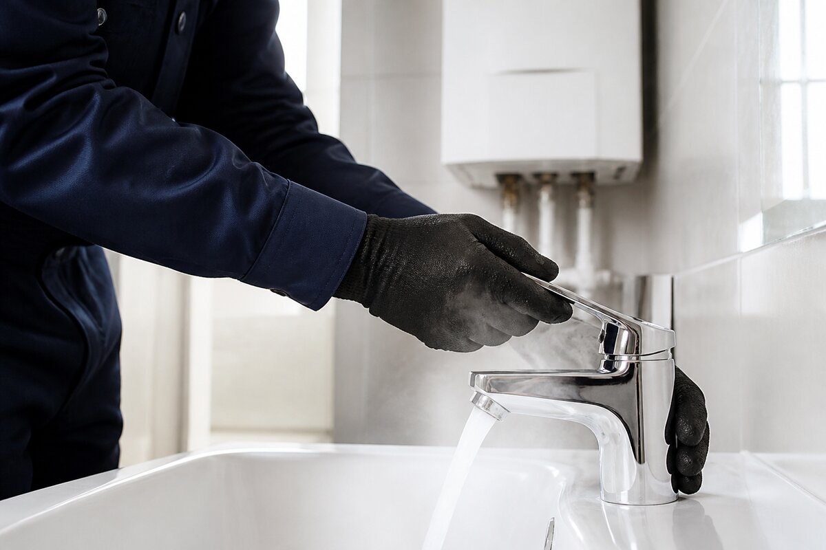 Banyo bataryasından akan su ve arka planda duvara monte kombi
